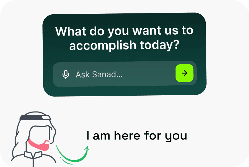 A chat screen asking what you want to accomplish today with a voice input field, next to an assistant avatar labeled 'I am here for you'