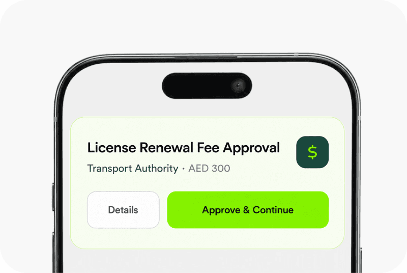 A phone screen showing a license renewal fee approval request with Details and Approve & Continue buttons