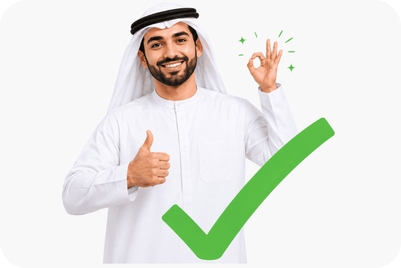 Smiling Emirati man giving a thumbs-up and OK sign, next to a large green checkmark