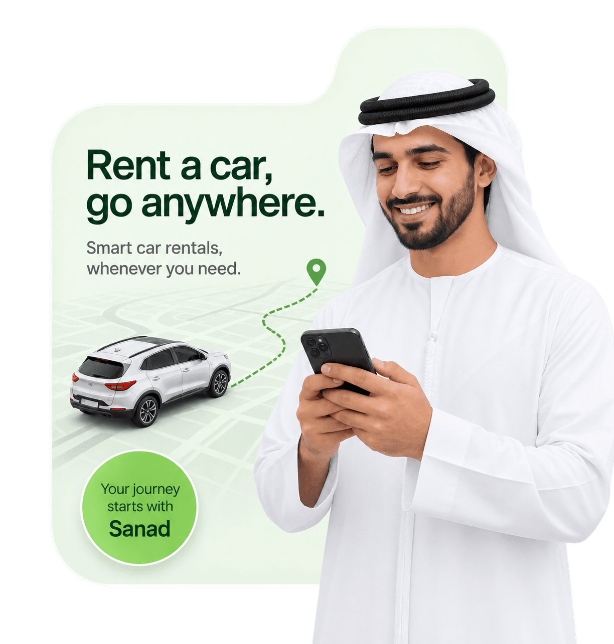 A man using the Sanad app to rent a car, with a route mapped to his pickup point