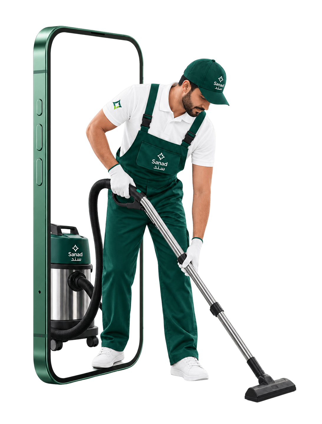 A Sanad cleaner in uniform vacuuming, stepping out of a phone screen