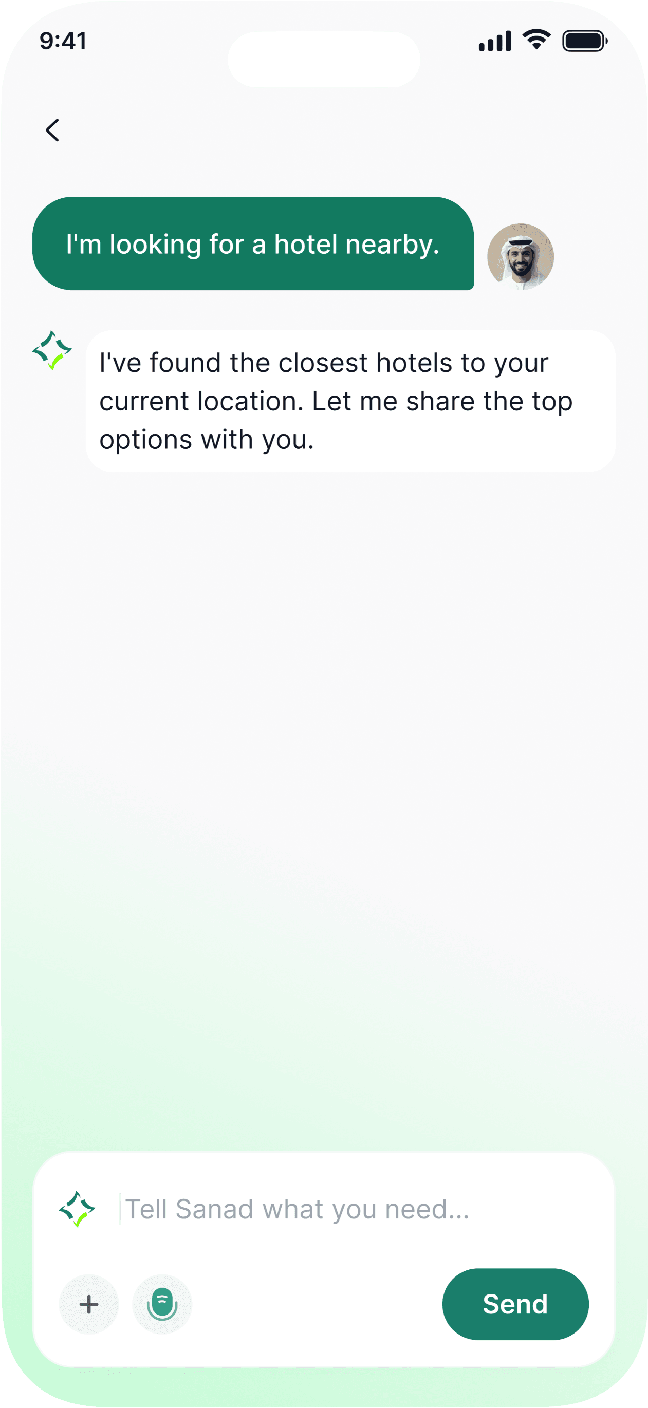 Sanad chat finding nearby hotels, showing matched results on a phone screen