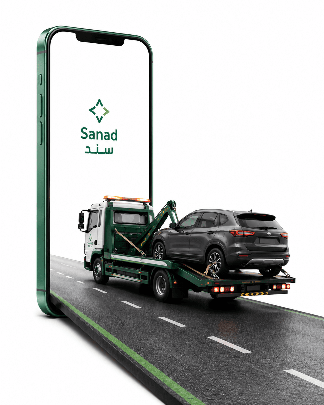 سطحة تقوم بتحميل سيارة، تظهر وكأنها تخرج من شاشة الهاتف